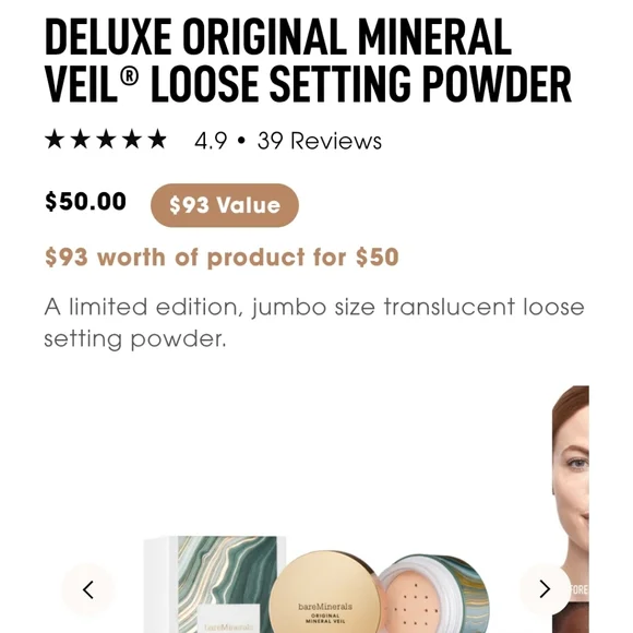NIB BARE MINERALS DELUXE ORIGINAL MINERAL VEIL TRANSLUSCENT LOOSE SETTING POWDER - Picture 3 of 15